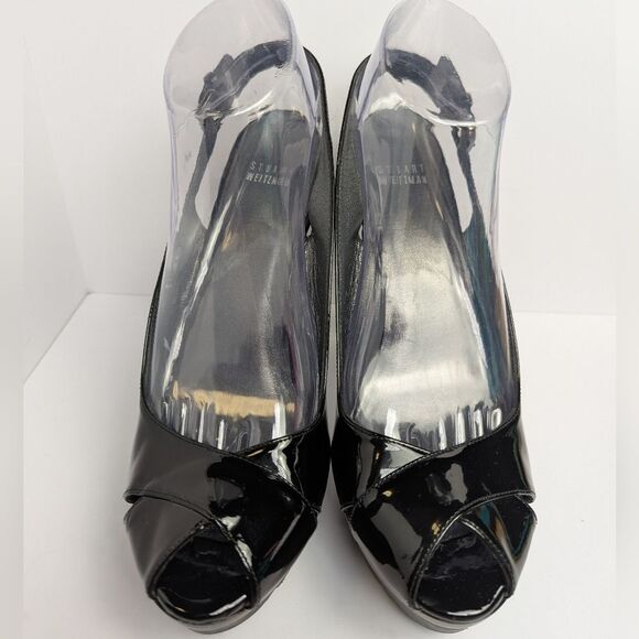 Stuart Weitzman Black Patent Leather Peep Toe Platform Heels Womens 9 - Picture 5 of 8